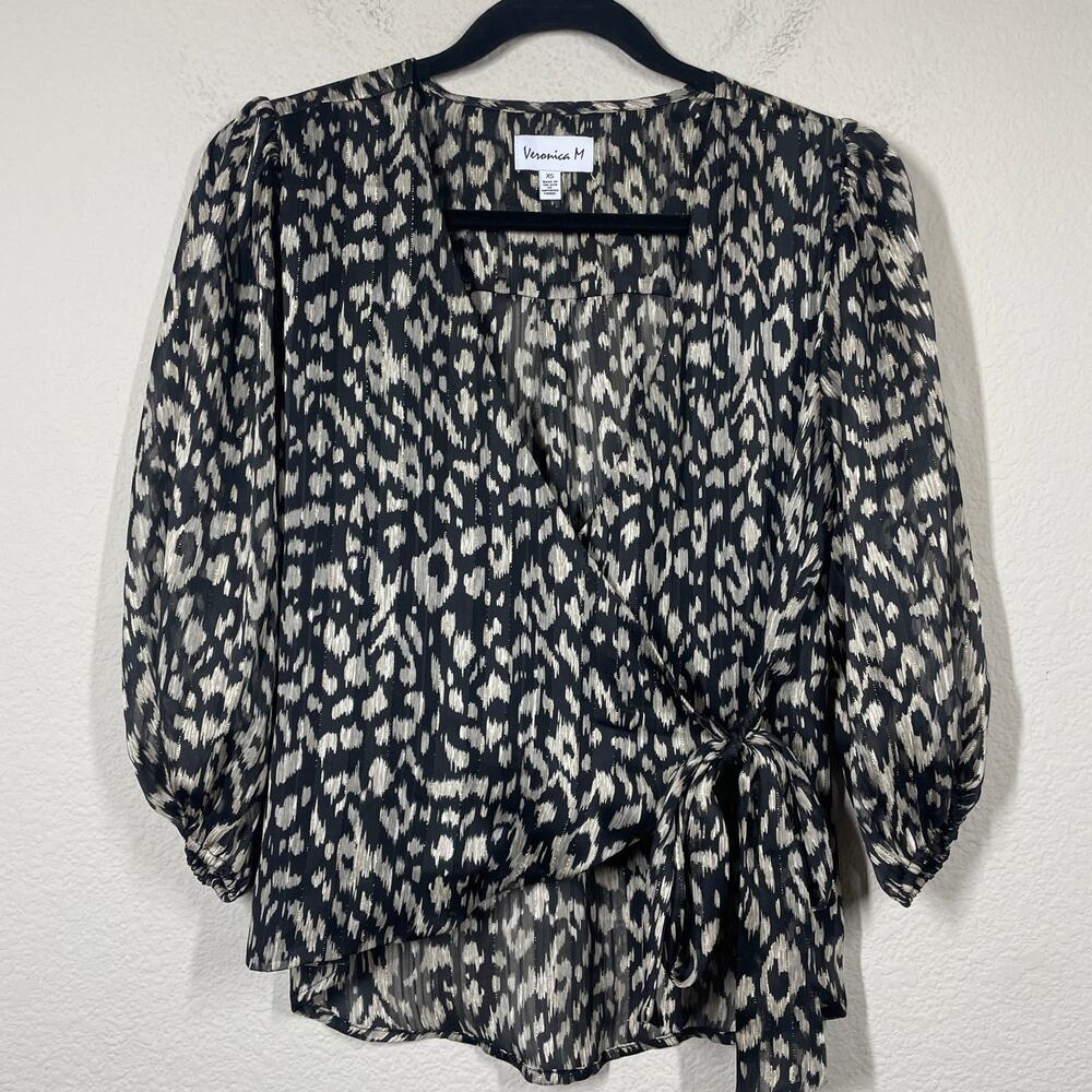 Veronica M Size XS Animal Print Wrap Top Blouse Tan Black Tie Side Long Sleeves